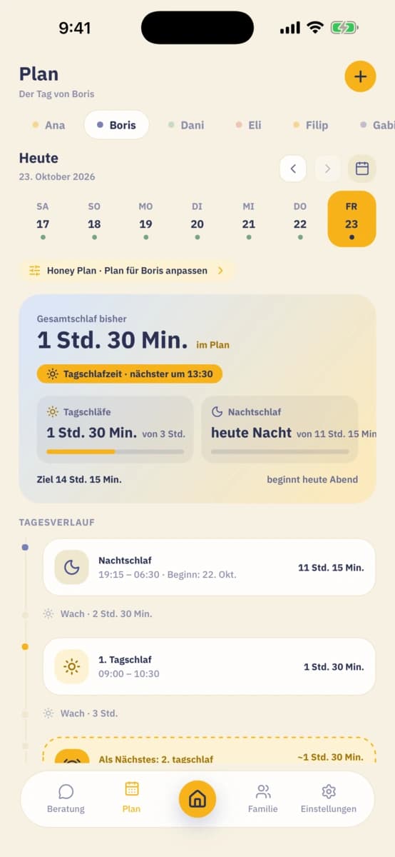 Die Plan-Ansicht in Sleepabee: die heutigen Tagschläfe, der Nachtschlaf und die nächste Schlafzeit